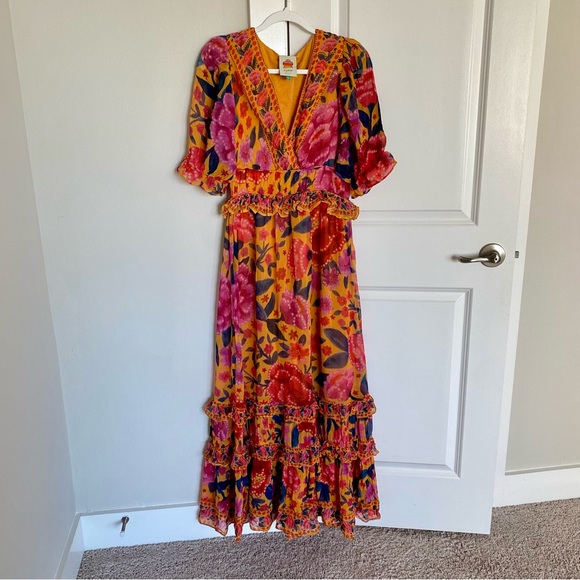 Farm Rio V-Neck Floral Puff Sleeve Ruffle Trim Party Vacation Tier Maxi Dress - Picture 1 of 12